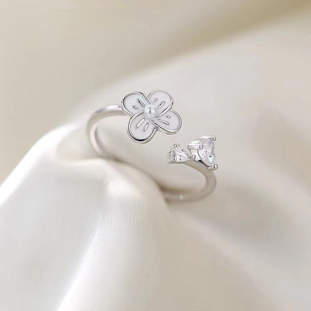S925 Sterling Silver Flower Ring Women's New Trendy Light Luxury Pearl Niche Index Finger Ring Opening Adjustable Ring