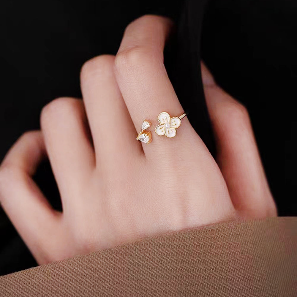 S925 Sterling Silver Flower Ring Women's New Trendy Light Luxury Pearl Niche Index Finger Ring Opening Adjustable Ring