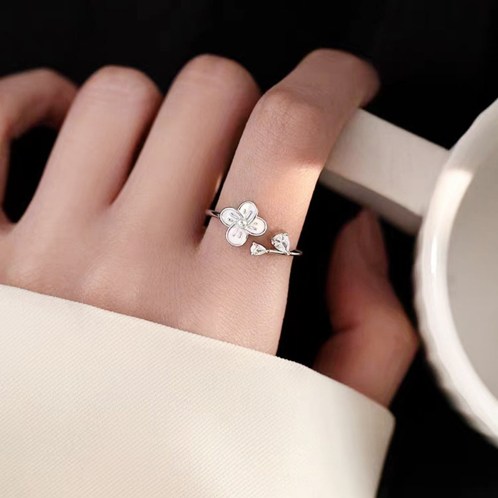 S925 Sterling Silver Flower Ring Women's New Trendy Light Luxury Pearl Niche Index Finger Ring Opening Adjustable Ring