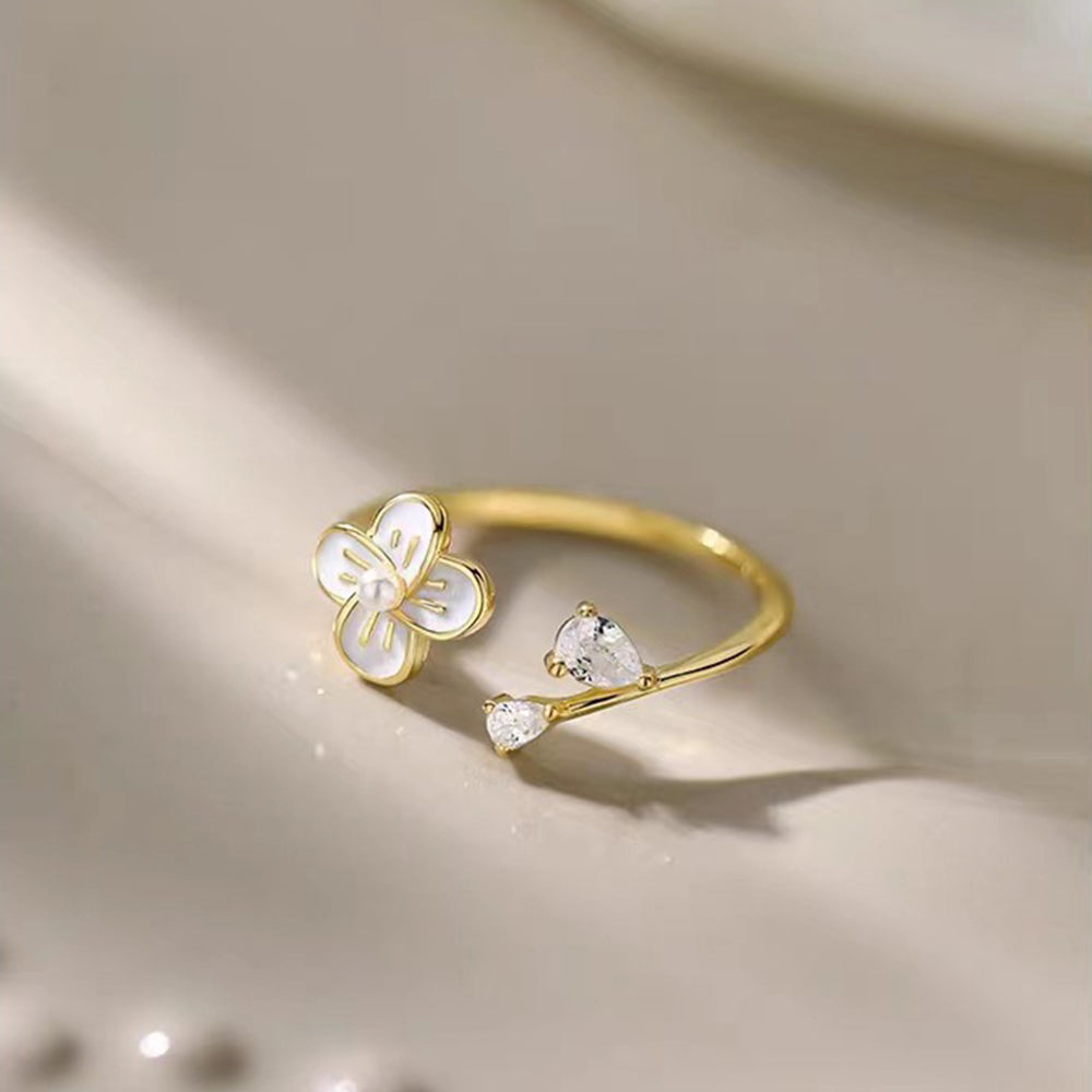 S925 Sterling Silver Flower Ring Women's New Trendy Light Luxury Pearl Niche Index Finger Ring Opening Adjustable Ring