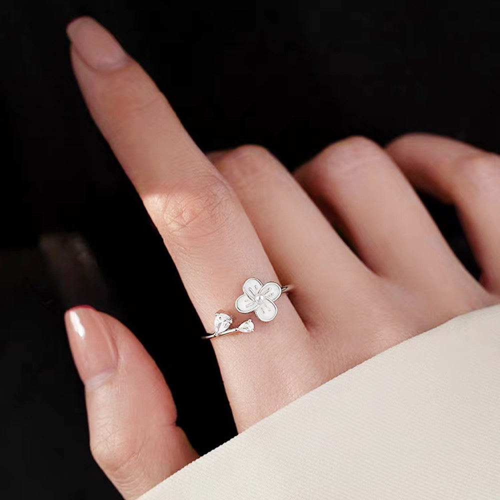 S925 Sterling Silver Flower Ring Women's New Trendy Light Luxury Pearl Niche Index Finger Ring Opening Adjustable Ring